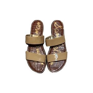 Sam Edelman Sandals Slipon Flats Two Strap Taupe Tan Beige Neutral Shiny Leather